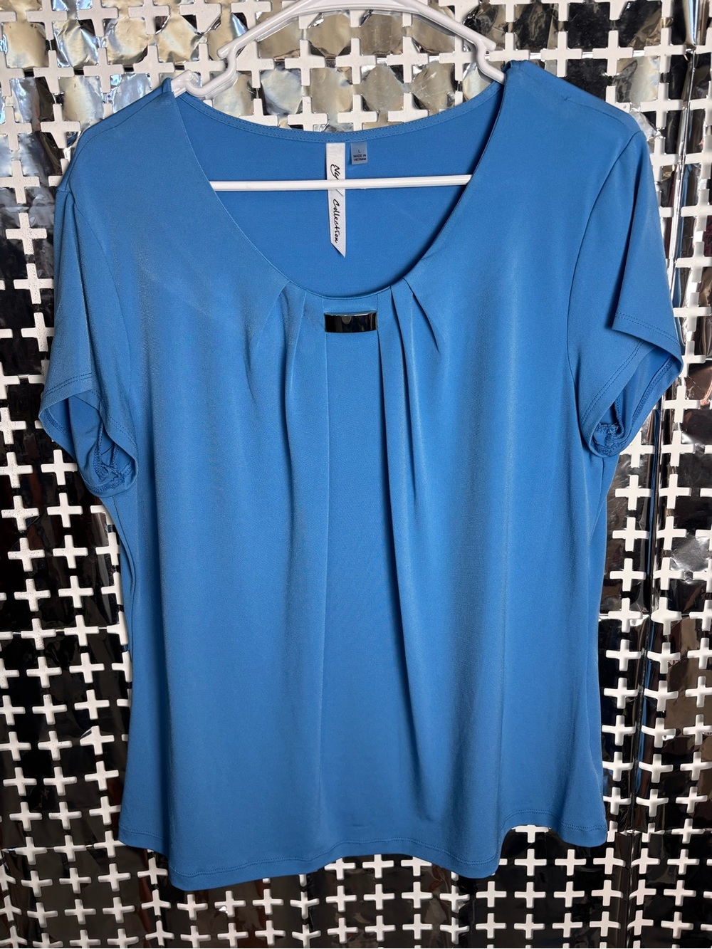 NY Collection Blue Short Sleeve Pleated Front Top with Metallic Accent